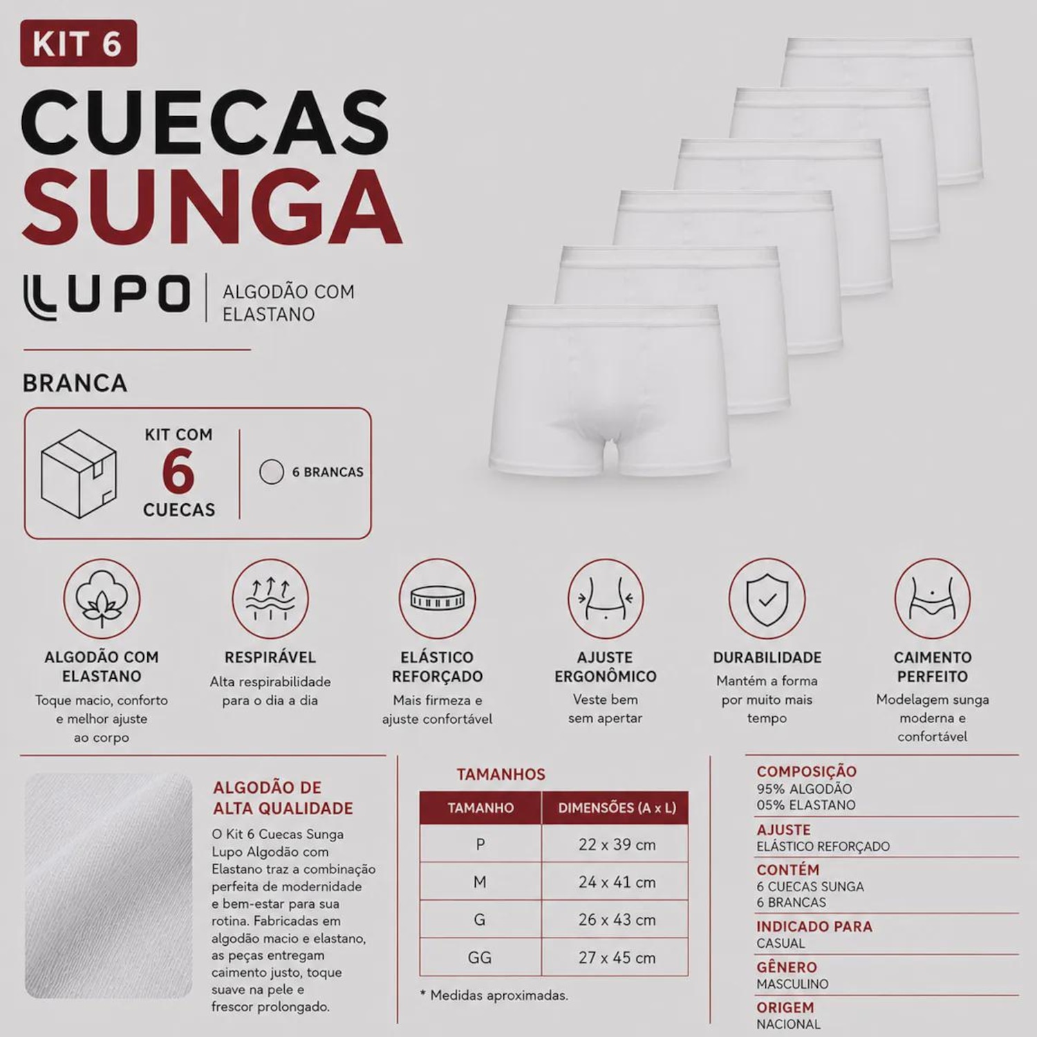 Kit 6 Cuecas Sunga Lupo Algodão com Elastano - Adulto - Foto 2