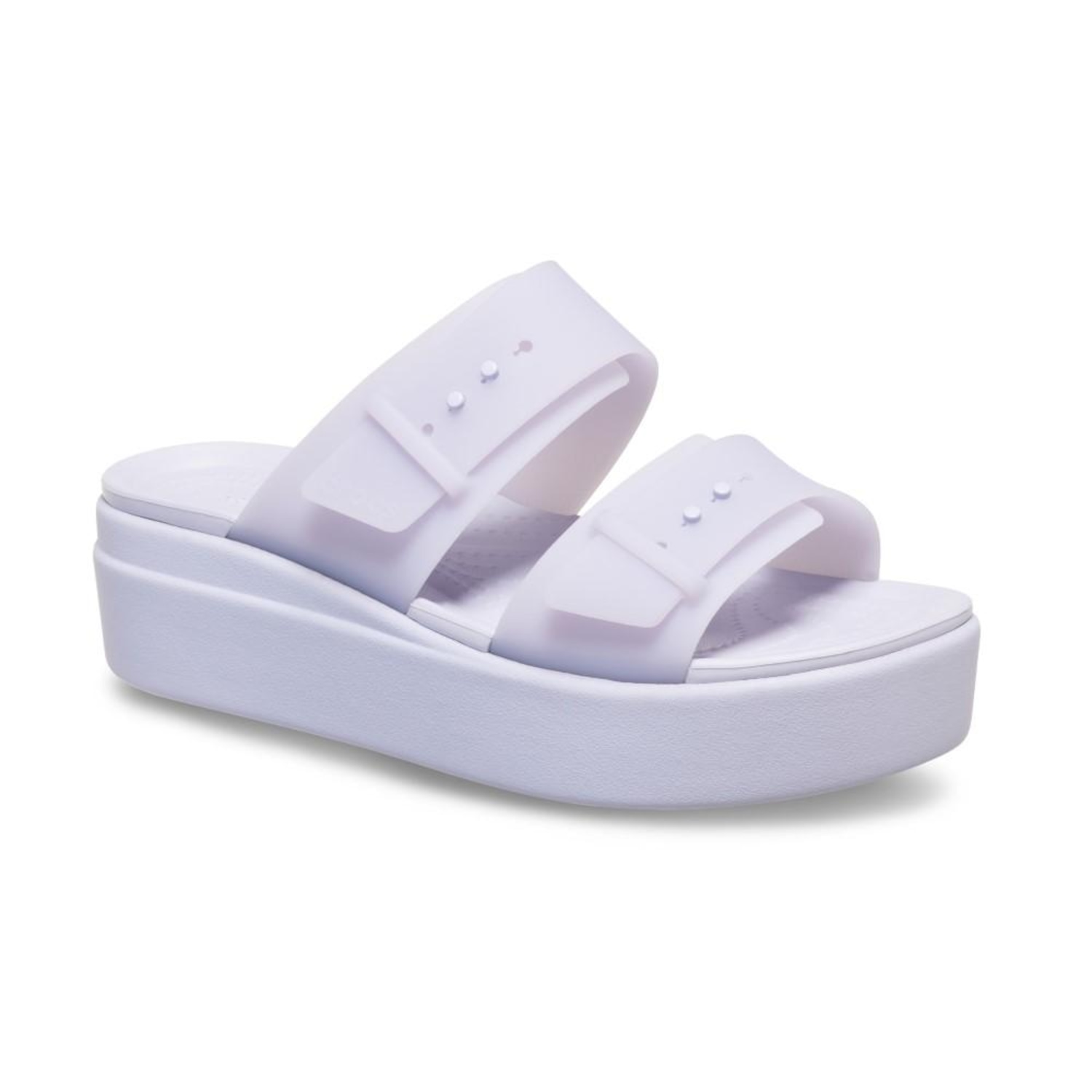 Sandália Crocs Brooklyn Buckle Frosted Low Wedge Purple Moon - Unissex - Foto 2