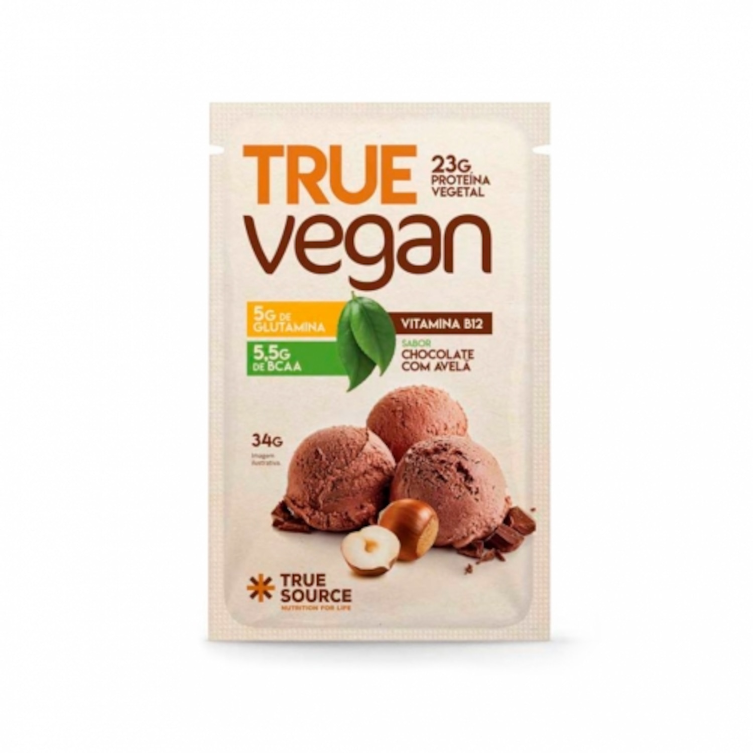 True Vegan sabor Chocolate c/ Avelã (1 sachê de 34g) - True Source - Foto 1