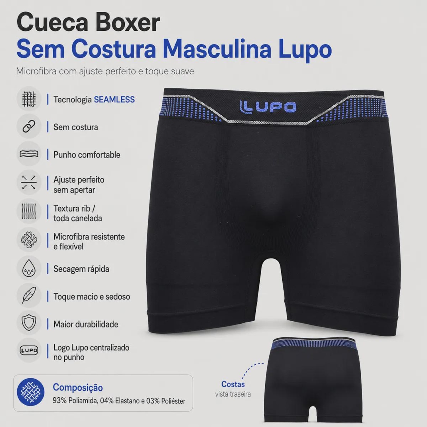 Cueca Boxer Lupo Microfibra sem Costura Masculina - Foto 3