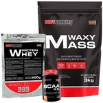 Kit Bodybuilders: Hipercalórico Waxy Mass - Morango - 3kg + Whey Protein Chocolate 500g + BCAA 100g Morango