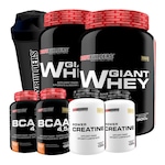 Kit 2x Giant Whey - Choc/Mor - 900g + 2x Creatina - 100g + 2x BCAA - Tang - 100g + Coqueteleira Chocolate + Morango