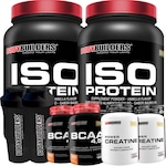 Kit 2x Iso Protein Bodybuilders - Chocolate e Baunilha - 900g + 2x Creatina - 100g + 2x BCAA - Tangerina - 100g + 2x Coqueteleira Chocolate + Baunilha