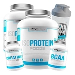 Kit 1x Iso Protein BRN Foods - Mor 2kg + 1x Iso Protein Chocolate - 2kg + Bcaa Fit - Tangerina - 100g + Creatina - 100g + Coqueteleira Chocolate + Morango