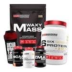 Kit Waxy Mass Bodybuilders - Morango - 3kg + Six Pote - Morango - 900g + ZMA + BCAA - 100g + Coqueteleira Morango