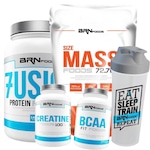 Kit Fusion BRN Foods - Morango - 900g + Size Mass - Morango - 3kg + BCAA Fit - Tangerina - 100g + Creatina - 100g + Coqueteleira Morango + Morango