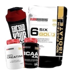 Kit 100% Whey Protein Isolado Bodybuilders - Morango - 2kg + Creatina - 100g + BCAA - 100g + Coqueteleira Morango