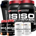 Kit 2x Whey Protein Isolado  Bodybuilders Baunilha e Morango -900g + 2x BCAA 100g + 2x Creatina 100g + Coqueteleira Morango + Baunilha