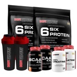 Kit Six Protein Bodybuilders - Baunilha - 2 potes + BCAA - 2 potes + Creatina - 2 potes + Coqueteleira - 2 unidades Baunilha