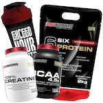 Kit Whey Six Protein Morango 2kg + BCAA 100g + Creatina 100g + Coqueteleira - Bodybuilders Morango