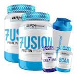 Kit BRN Foods 2x Whey Protein Fusion 900g Morango + BCAA 100g + Creatina 100g + Coqueteleira Morango