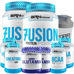 Kit BRN Foods 2x Whey Fusion 900g Chocolate e Morango + 2x BCAA + 2x Creatina +2x Glutamina +Shaker Chocolate + Morango