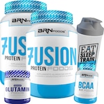 Kit BRN Foods 2x Whey Protein 900g Morango + 2x BCAA + 1x Glutamina +  Coqueteleira Morango