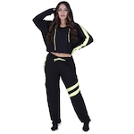 Conjunto Orbis Fitness com Calça Cargo Bolsos + Cropped Capuz Visco Crepe Rústico Ecocel - Feminino CINZA/AMARELO