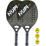 Kit 2 Raquetes Beach Tennis HUPI Net Pro Kevlar + 3 Bolas PRETO