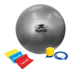 Kit de Bola Pilates Muvin Antiestouro - 65cm - Até 300kg + Kit Faixa Elástica 3 Tensões - 150cm x 15cm CINZA