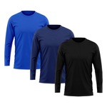 Kit de Camiseta Manga Longa Rony Versátil Térmica Segunda Pele Proteção Solar Uv 50+ - 3 Unidades - Masculina PRETO/AZUL