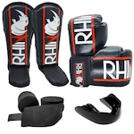 Kit de Muay Thai Rhino com Luvas + Caneleira + Bandagem + Bucal PRETO