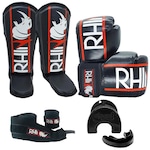 Kit de Treino Muaythai Rhino com Luva + Caneleira + Bandagem + Bucal - Adulto PRETO/VERMELHO