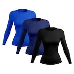 Kit de Camisetas Manga Longa Rony Versátil Proteção Solar UV 50+ Térmica - 3 Unidades - Feminina PRETO/AZUL