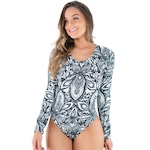 Body MVB Modas Manga Longa Estampado Costa Fechada Collant - Feminino PRETO