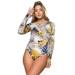 Body MVB Modas Manga Longa Estampado Costa Fechada Collant - Feminino AMARELO