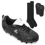 Kit Chuteira Campo Esporte Legal Terra + Caneleira + Meião PRETO/BRANCO