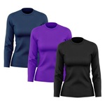 Kit de Camisas Térmica Adriben Dry Fit Manga Longa com Proteção Solar - 3 Unidades - Feminino ROXO/AZUL