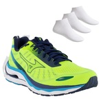 Kit Tênis Mizuno Wave Dynasty 5 + 3 Pares de Meias - Masculino AMARELO/AZUL ESCURO