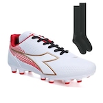 Chuteira De Campo Diadora Mondiale Japão + Par De Meião - Adulto BRANCO/VERMELHO