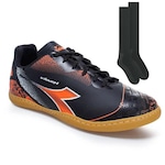 Chuteira Futsal Diadora Squadra + Par De Meião - Adulto PRETO/LARANJA