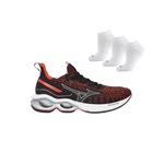 Tênis Mizuno Wave Creation 23 Waveknit + 3 Pares de Meias - Masculino PRETO/LARANJA