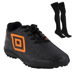 Chuteira Society Umbro Adamant - Infantil + 1 Par de Meião PRETO/LARANJA