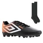 Chuteira de Campo Umbro Warskin - Adulto + 1 Par de Meião PRETO/LARANJA