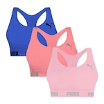 Kit Tops Fitness sem Bojo Puma Nadador sem Costura - 3 Unidades - Feminino ROSA/AZUL