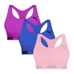 Kit Tops Fitness sem Bojo Puma Nadador sem Costura - 3 Unidades - Feminino AZUL/ROSA