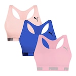 Kit Tops Fitness sem Bojo Puma Nadador sem Costura - 3 Unidades - Feminino AZUL/ROSA