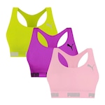 Kit Tops Fitness sem Bojo Puma Nadador sem Costura - 3 Unidades - Feminino Rosa/Verde