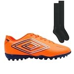 Chuteira Society Umbro Acarde + 1 Par de Meiões - Adulto LARANJA/AZUL ESC