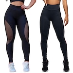 Kit Belmento: Calça Legging Arrastão + Calça Legging Básica Academia - Feminina PRETO