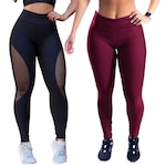 Kit Belmento: Calça Legging Arrastão + Calça Legging Básica Academia - Feminina VERMELHO