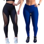 Kit Belmento: Calça Legging Arrastão + Calça Legging Básica Academia - Feminina AZUL CLARO