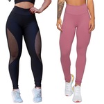 Kit Belmento: Calça Legging Arrastão + Calça Legging Básica Academia - Feminina ROSA