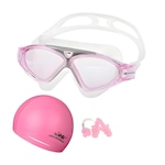 Kit Máscara de Natação Gold Sports Silicone Confort Hd - Touca Pu e Protetor Nasal e Ouvido - Adulto ROSA