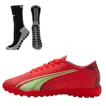 Chuteira Society Puma Ultra Play Tt + 1 Par de Meias Antiderrapante - Adulto Vermelho/Preto