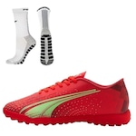 Chuteira Society Puma Ultra Play Tt + 1 Par de Meias Antiderrapante - Adulto VERMELHO/BRANCO