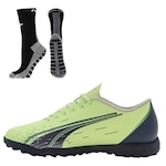 Chuteira Society Puma Ultra Play Tt + 1 Par de Meias Antiderrapante - Adulto VERDE CLARO/PRETO