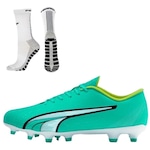 Chuteira de Campo Puma Ultra Play Fg + 1 Par de Meias Antiderrapante - Adulto VERDE/BRANCO