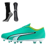 Chuteira de Campo Puma Ultra Play Fg + 1 Par de Meias Antiderrapante - Adulto VERDE/PRETO