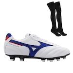 Kit Chuteira de Campo Mizuno Morelia Classic + Meião - Adulto BRANCO/AZUL ESC